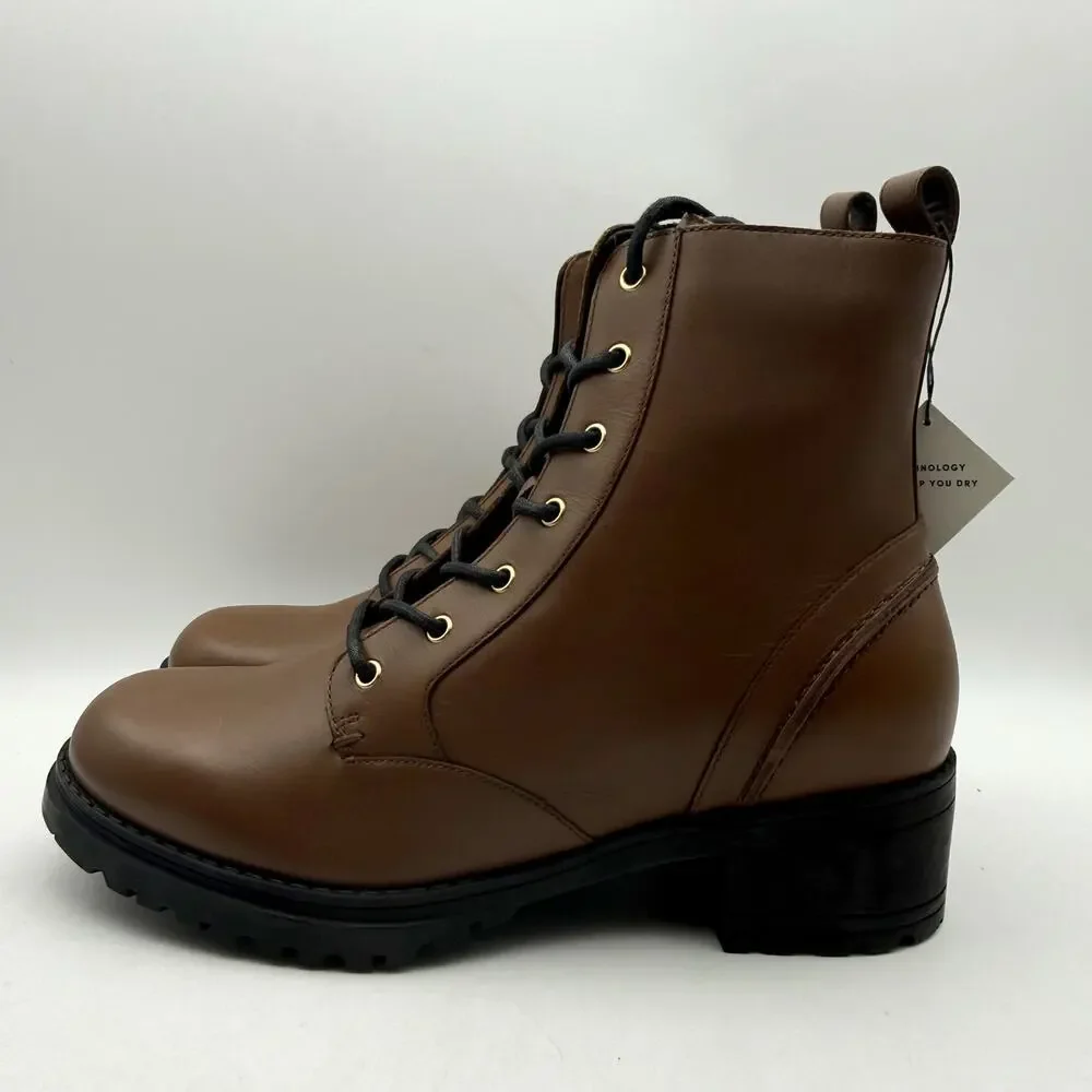 Cole Haan Womens Camea Combat Boots US 7 Brown Leather Zip Side Waterproof NWOB - Picture 8 of 12